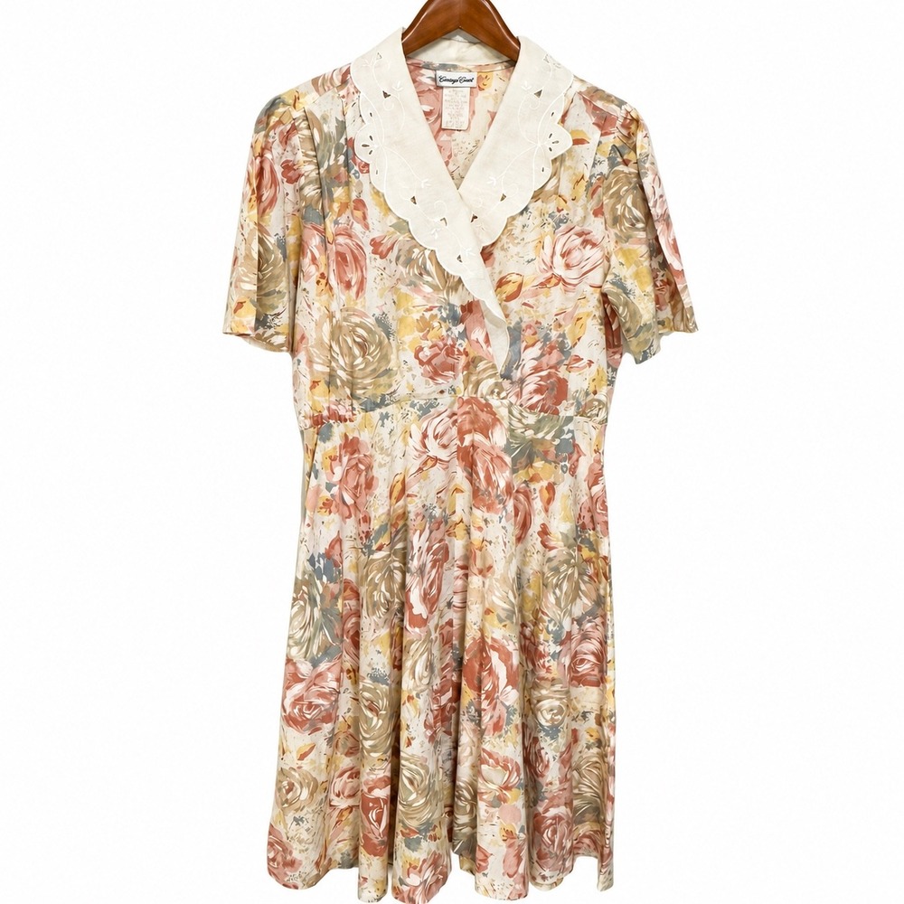 Vintage Carriage Court Floral Eyelet Collar Midi Dress Peach Rose Size 12P USA